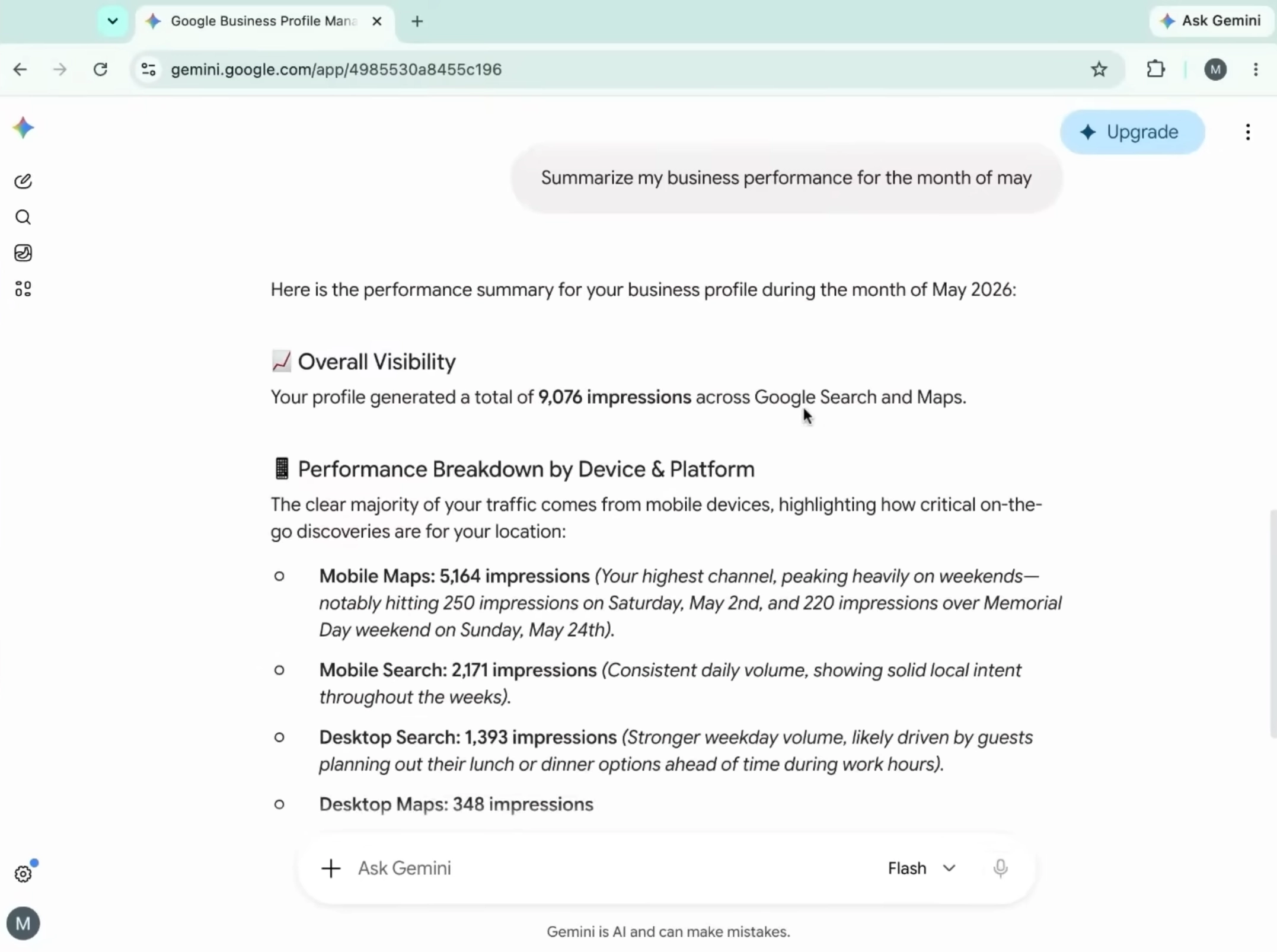 gemini google business profile performance