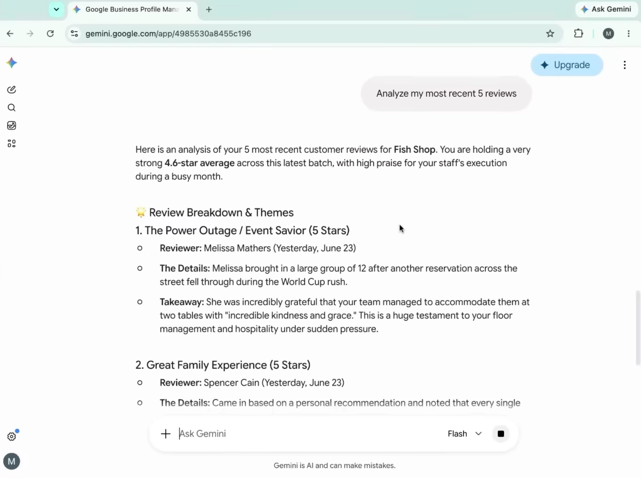 gemini google business profile analyse review